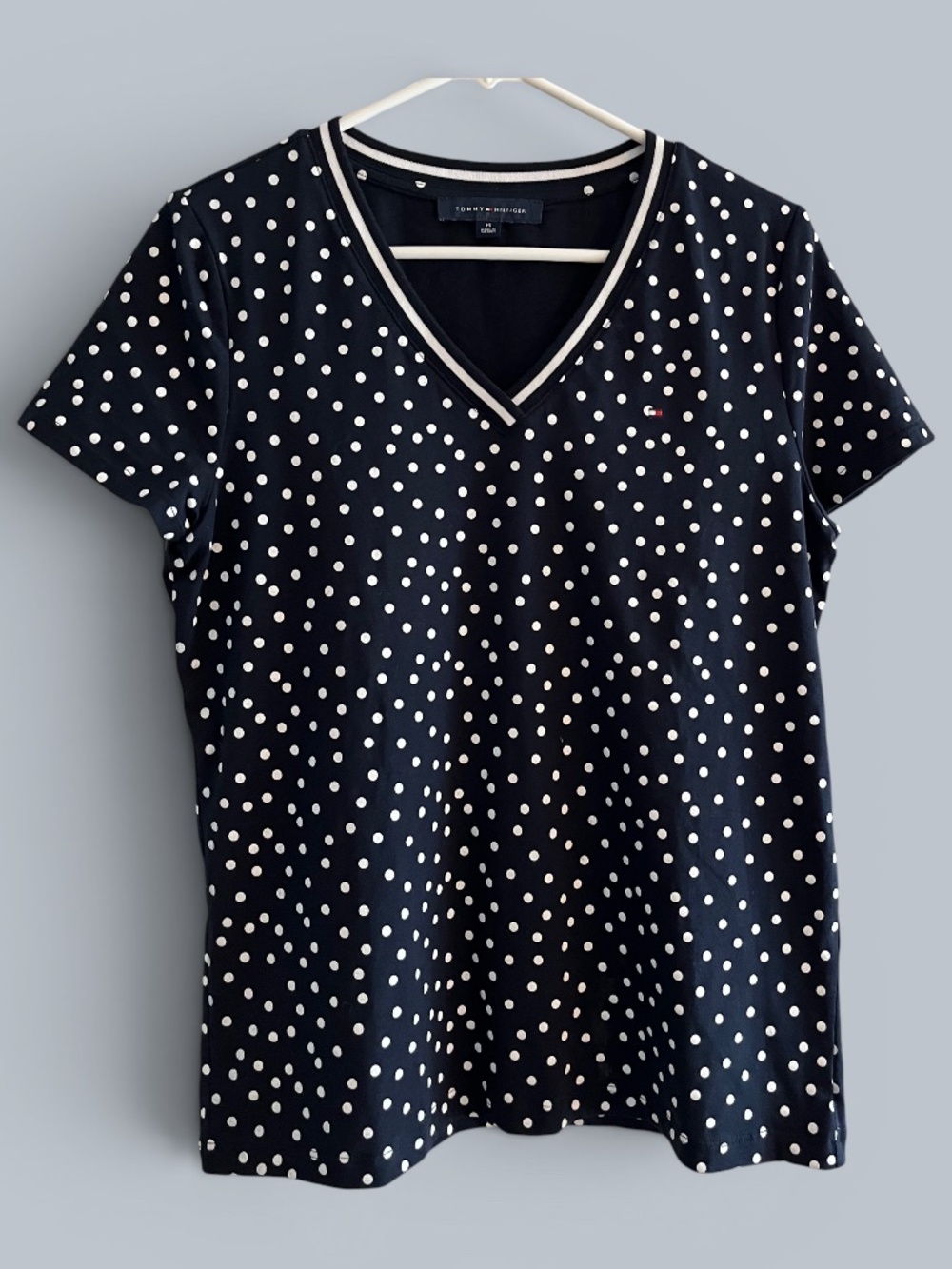 Tommy Hilfiger Navy White Polka Dot V-Neck Cotton Tee Size M
